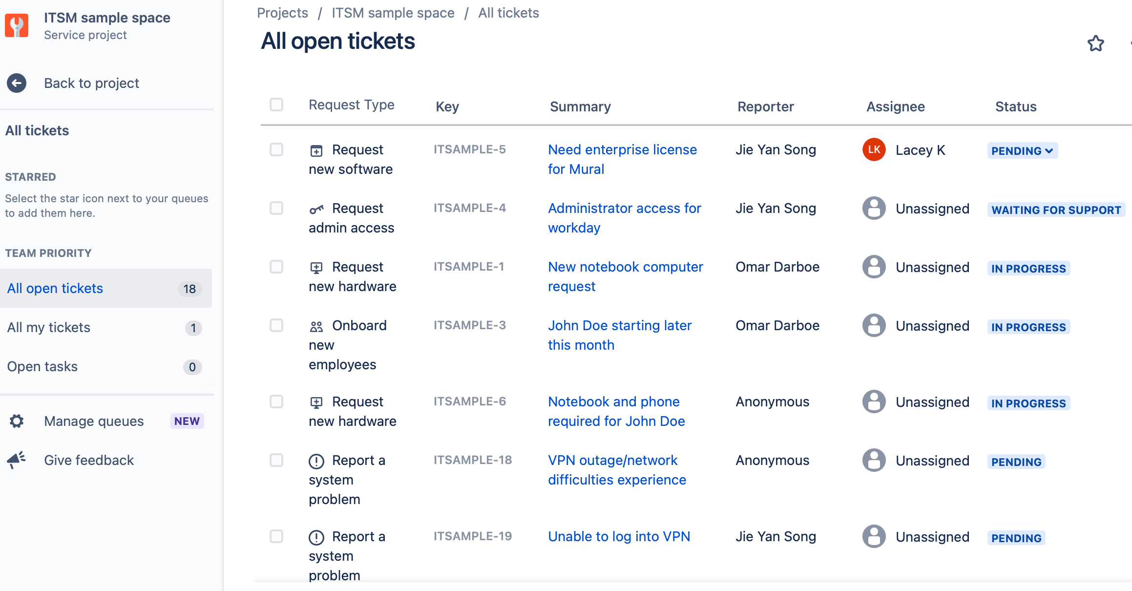 Снимок экрана с примером очередей в Jira Service Management