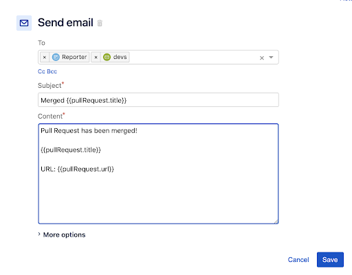 Regla de Jira Automation para cambiar el estado de las incidencias Paso 4: Añadir la acción Enviar correo electrónico