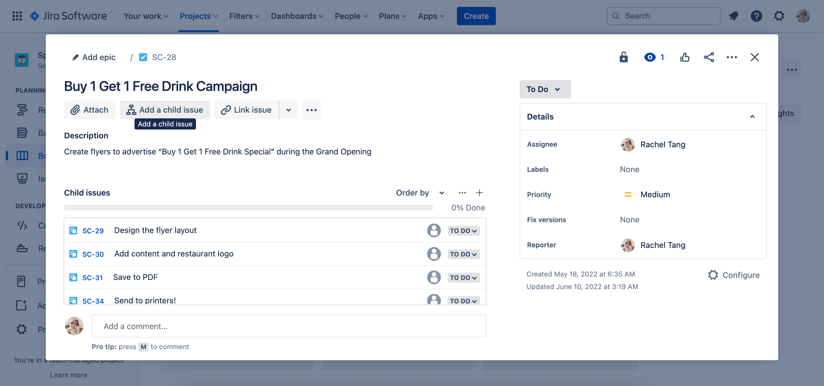 Jira 内の親および子作業項目