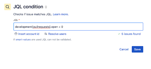 Regla de Jira Automation para cambiar el estado de las incidencias Paso 2: Añadir un componente de condición JQL, escribir una consulta JQL y guardarla