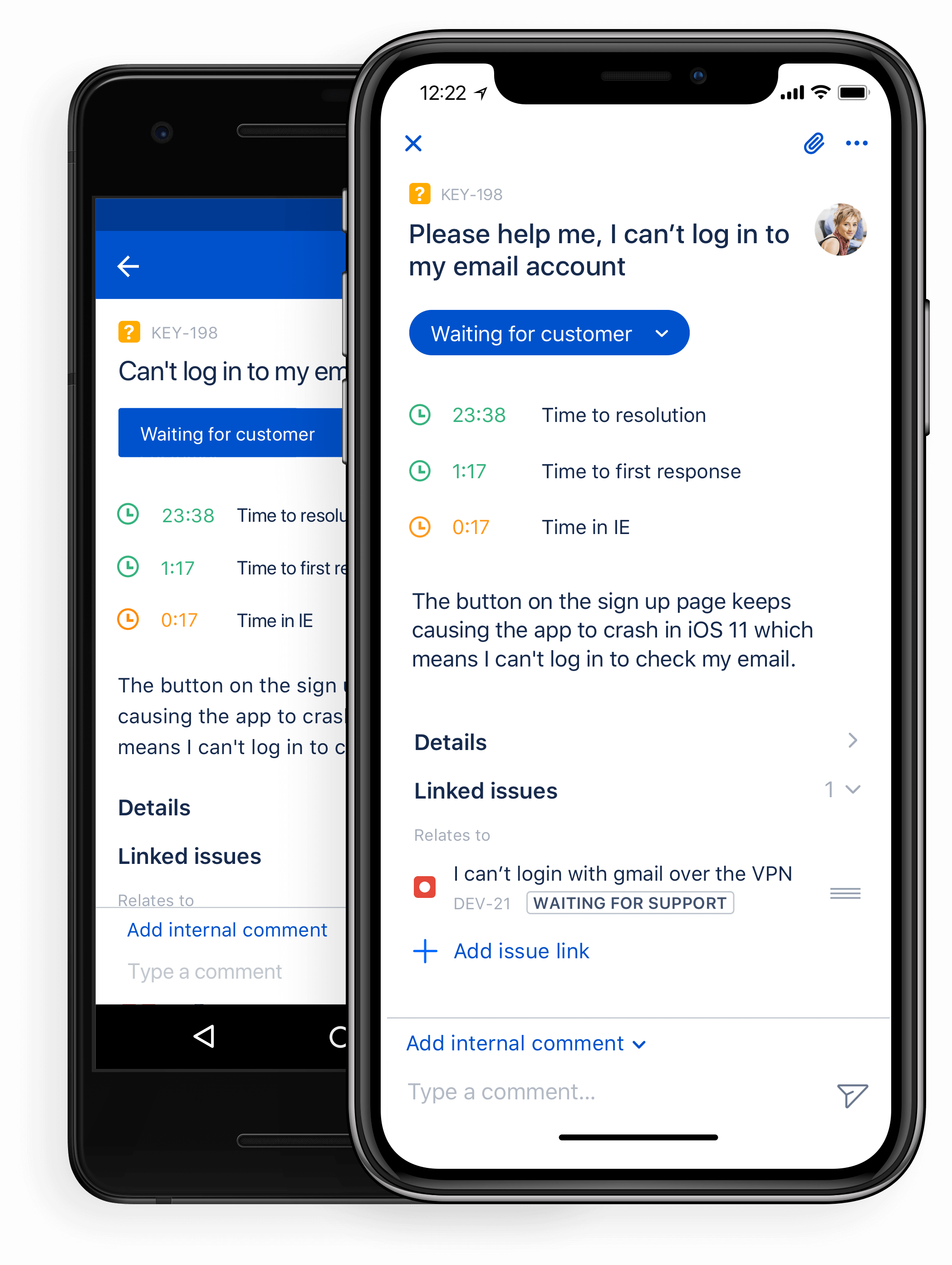 Screenshot van Jira Service Management mobiele app op Android en iPhone