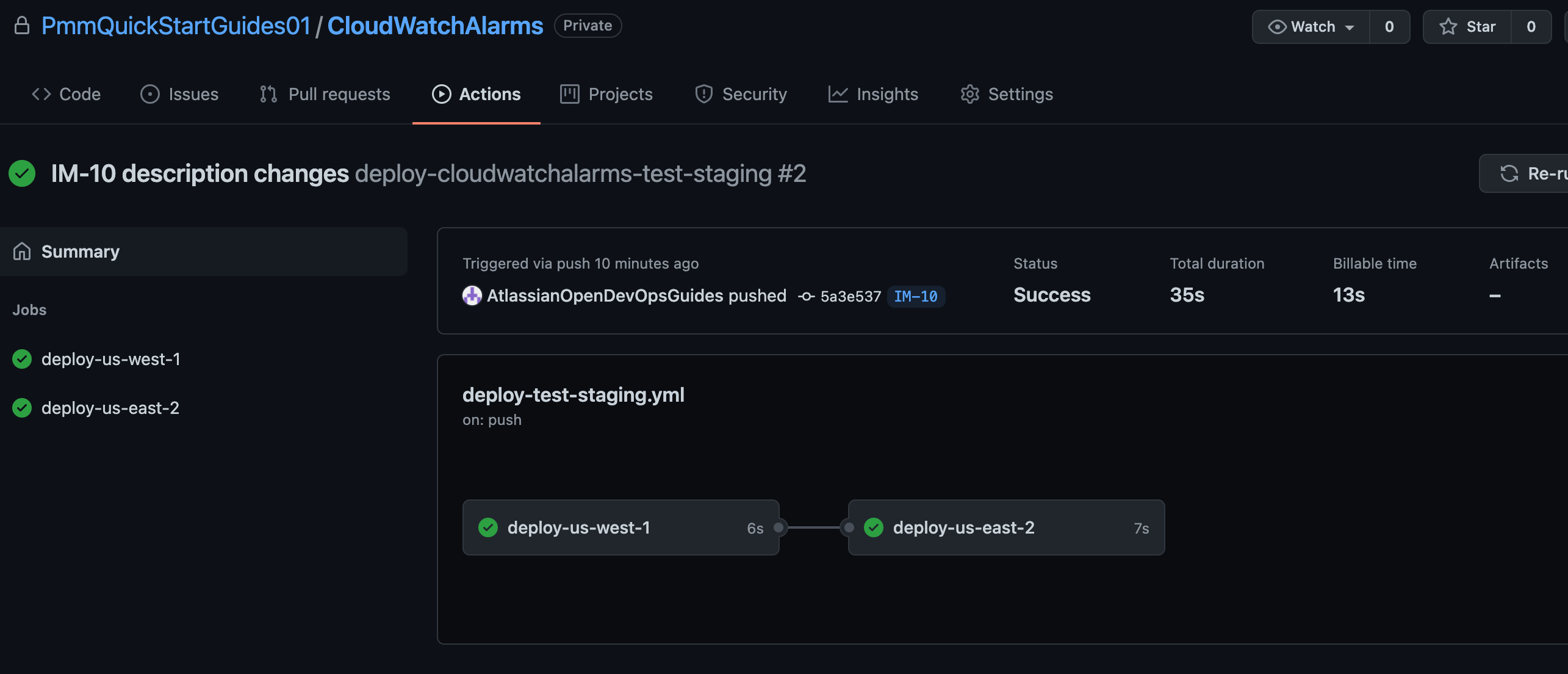 在 github 中运行工作流程的屏幕截图