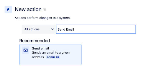 Regla de Jira Automation para cambiar el estado de las incidencias Paso 4: Añadir una acción que envíe un correo electrónico a las partes interesadas